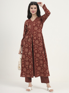 Floral Print Cotton <strong>Kurta</strong> with Pant, Pink and <strong>Yellow</strong>, Long Sleeves, V-Neck - Product Image 4