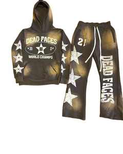 Patch Oversized Unisex Mens Acid Wash Flared Jogger Sweatpants and <b>Hoodie</b> Set Vintage Men Sweatsuit - Product Image 6