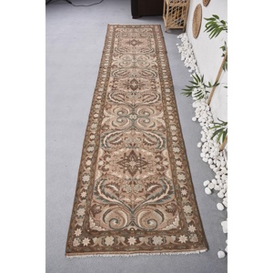 2.7x10.7 ft Rug, Vintage Rug, Turkish <b>Brown</b> <b>Wool</b> Striped Rug - Product Image 1