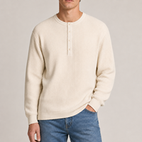 Pull Henley en coton pour homme, couleur avoine, à manches longues, col montant, boutons sur le devant, tricot texturé, fournisseur OEM ODM