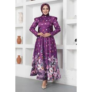 Vestido de Noche Morado con Estampado Floral de Puntos, 100% Poliéster Satinado, Talla XS, Corte en A, Maxi, Estilo de Fiesta, Sin Tejido, MSW12251-1 - Product Image 3