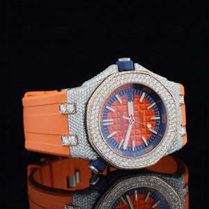 Montre mécanique sportive avec bracelet en caoutchouc orange 20 mm, boîtier en acier inoxydable couleur or rose avec cristaux de diamant, analogique, étanche 50 bars - Product Image 2