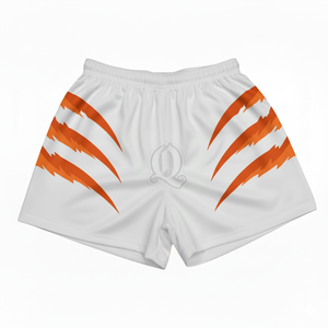 Shorts de rugby sublimés en gros, motif rayé orange, polyester, vêtements d'entraînement pour équipe, shorts pour hommes et jeunes - Product Image 1