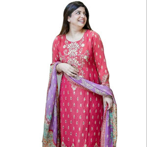 Increíble diseño de colores hermosos, tela de seda pura, conjunto de 3 piezas de salwar kurta en contraste morado y multicolor para mujeres o niñas. - Product Image 1