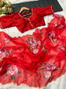 Indian Exporter Quality High on Demand Pure & Soft <b>Organza</b> <b>Silk</b> Saree Floral Prints on Heavy Hand Khatli Cut Dana & Jardosi Work - Product Image 3