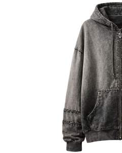 Sweat à capuche surdimensionné en molleton de coton pour femme, personnalisé, noir anthracite, délavé à l'acide, avec broderie graphique de crâne, style streetwear - Product Image 2