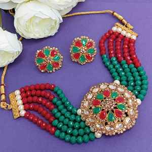 Indian Jewellery Set Floral Faux Pearl Beaded Multi Layered <b>Crystal</b> Choker Necklace Indian Traditional Stud Earring, Multi Color - Product Image 2