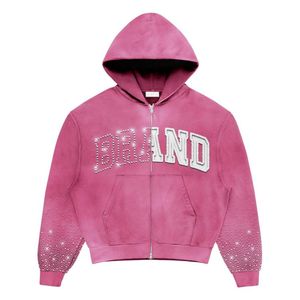 Ropa de calle personalizada de alta calidad de algodón Premium 420 Gsm peso pesado Boxy Fit Zip Up Bling Crystal Rhinestone Sudadera con capucha para hombres - Product Image 6