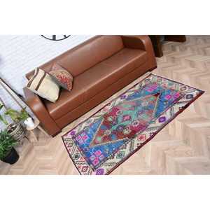 Alfombra Turca Vintage de 3x5.5 pies (92x169 cm), Alfombra a Cuadros Azul - Product Image 5