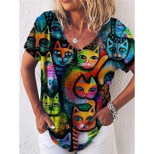 2025 femmes drôle col en v T-Shirt surdimensionné été hauts avec des chats 3D imprimer à la mode tricoté Blouses femme vêtements t-shirts - Product Image 4