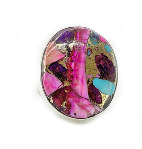 Bague Turquoise Naturel Kingman Rose Dahlia Multicolore Turquoise Rose Spiny Oyster Bague en Argent Sterling Fait Main - Product Image 2