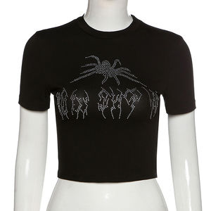 Punk Vintage Rhinestone Spider <b>Goth</b> Graphic T Shirt Women Y2k Style Crop Top O-neck <b>Tshirt</b> Black Streetwear Short Sleeve T-shirt - Product Image 1