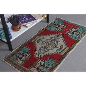 Alfombra Vintage de 1.7x3.2 pies, Alfombra Turca Pequeña, Alfombra con Estampado Animal Rojo y Azul - Product Image 2