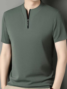 เสื้อยืดผู้ชายคลาสสิกสีทึบมีซิปถักแบบลำลองสำหรับธุรกิจแขนสั้นแบบลำลองพิมพ์โลโก้ด้านหน้าสำหรับใส่เล่นกอล์ฟ - Product Image 2