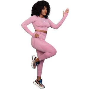 Women Seamless Long Sleeve Crop Top And High Waist <b>Leggings</b> Gym Workout Fitness <b>Activewear</b> Set - Product Image 2