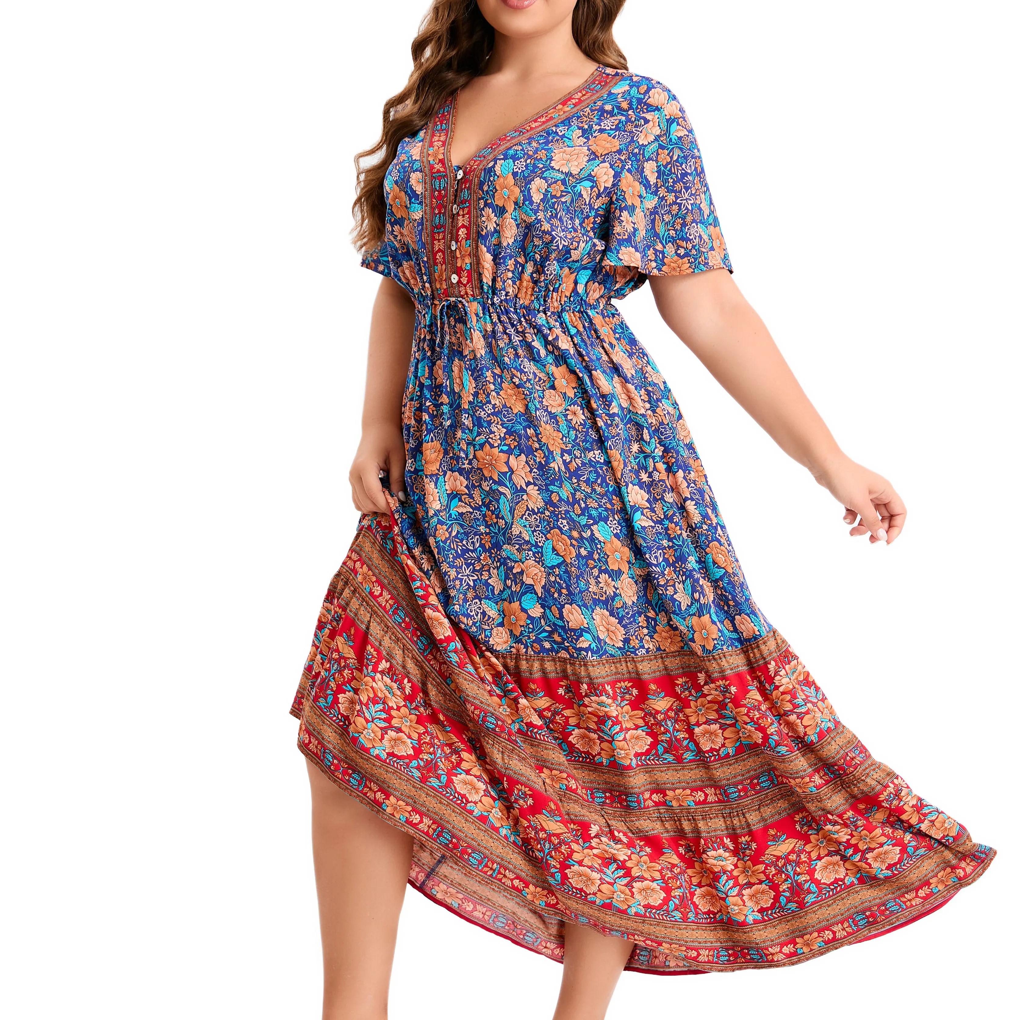 Mode personnalisée grande taille robe fleurie à manches courtes et à volants col en V multicouche pour femmes fabricant OEM