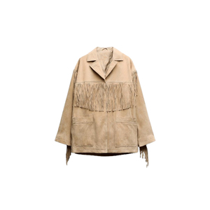 Chaqueta de invierno OEM para mujer Beige claro elegante manga larga con flecos sólido diseño de cuentas cómodo cuero genuino tejido occidental - Product Image 1