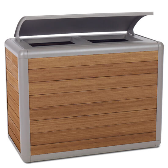 Commercial Wood Recycling Receptacle Durable Dustbin Wooden 2 Bins Trash Can For Garden