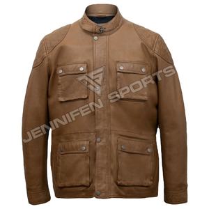 Chaqueta de motociclista para hombre, piel de vaca auténtica, cuero liso, multibolsillos delanteros, cremallera y cierre de botón, forro interior de franela - Product Image 1