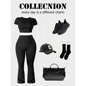 Conjunto de ropa deportiva de gimnasio de alta elasticidad personalizada para mujer, camiseta transpirable de manga corta, mallas, tela de costilla sólida, botón de encaje para correr - Product Image 5