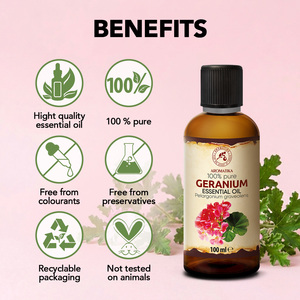 น้ำมันหอมระเหยอะโรมาติกา เจอเรเนียม 100 มล. 100% บริสุทธิ์จากธรรมชาติ ผลิตจากการกลั่นด้วยไอน้ำจากดอกเพลาลรงิอุม เกรเวอเลนส์ น้ำมันหอมระเหยกลิ่นดอกไม้ ช่วยผ่อนคลาย - Product Image 2