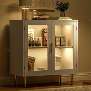 Buffet moderne blanc avec portes en <span class=keywords><strong>verre</strong></span> et éclairage LED, meuble de rangement minimaliste pour salle à manger - Product Image 1