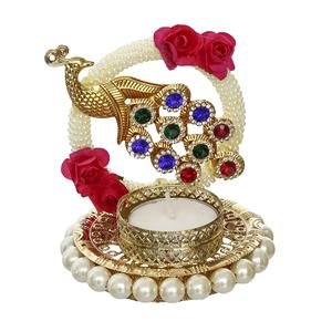 Porte-bougie chauffe-plat en métal motif paon floral pour Diwali, Navratri, Ganesh Chaturthi, décoration intérieure - Product Image 1