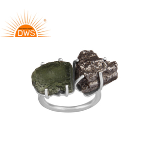 Anillo ajustable de piedras preciosas de meteorito y moldavita en bruto de plata de ley fina, fabricante de joyería personalizada - Product Image 1