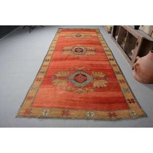 Tapis en laine turque vintage classique 5 'X 12.8' Orange Beige Patchwork Design grand rectangle en latex pour le couloir des adolescents - Product Image 1