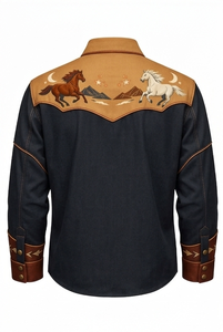 Camisa Vaquera Occidental de Manga Larga con Bordado, Estilo Rodeo, Abotonada, Vintage, Casual, Corte Ajustado, Ribete en Contraste, Personalizada - Product Image 3