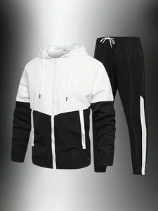 Ensemble de survêtement noir à capuche pour homme, veste coupe-vent sportive bicolore et pantalon de jogging, 2 pièces, tenue décontractée pour l'automne - Product Image 6
