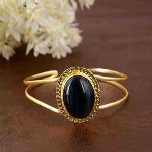 Unique Design <b>Boho</b> Gemstone Bangle Tribal Brass Bangle for Women 18k Gold Plated Oval Stone Cuff Bangle for Wholesale/OEM/ODM - Product Image 5