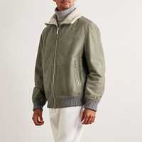 Veste bomber en daim et peau de mouton pour homme, sur mesure, en cuir vert olive, avec col et ourlet en tricot côtelé