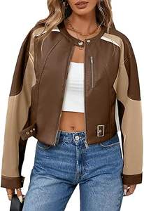 Femmes hiver recadrée fermeture éclair Faux cuir Bomber veste peau de mouton respirant couleur bloc Moto motard manteaux automne décontracté non tissé - Product Image 4