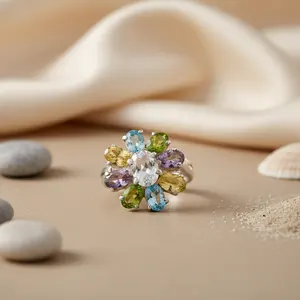 Anillo de Plata Estilo Boho para Mujer con Flores, Múltiples Piedras Preciosas, Patrón Geométrico, Chapado en Rodio, Material Platino, Incrustaciones de Piedras Talladas, Bonito - Product Image 3