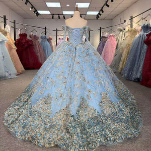 Robe de bal Quinceañera élégante bleu cristal imprimé, antistatique, longueur ras du sol, avec manches en forme de fleur et traîne chapelle, modèle 6974 - Product Image 4