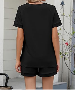 Black Two Piece Coord Set for <b>Women</b> with <b>Short</b> Sleeve V Neck Top and Drawstring <b>Shorts</b> Perfect Casual Summer Daily Wear Outfit - Product Image 6