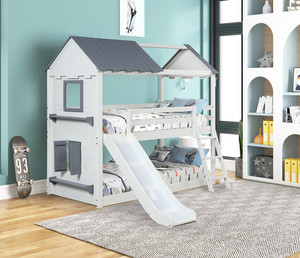 Kids Twin Loft Bed <b>Slide</b> Ladder Guardrails Curtain <b>Playhouse</b> Solid Pine Frame Eco-Friendly Durable Comfortable Modern Bedroom - Product Image 5