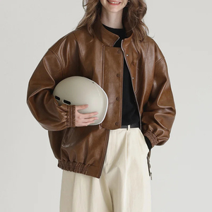 Veste en cuir vintage rétro pour femmes, veste bomber en cuir de vache véritable - Product Image 1