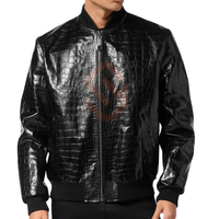 Blouson Bomber en Cuir Noir pour Homme avec Imprimé Croco Exotique Véritable, Hiver, Capuche, Matelassé, Cuir de Luxe, Style Collège pour Garçons