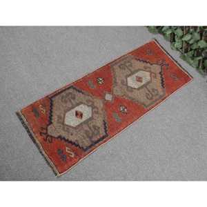 1.4x3.4 ft Rug, Turkish Vintage Rug, <b>Red</b> <b>Wool</b> Rug - Product Image 2