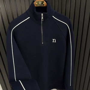 เสื้อวอร์มแขนยาวแบบสวมหัวมีซิปครึ่งแขนเสื้อลำลองมีลายทางแนวสตรีทแฟชั่น - Product Image 1