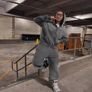 <b>Men's</b> Custom Oversized Full Zip up Hoodie <b>Pants</b> Set Wholesale Acid Washed Tracksuits with Rhinestone Winter <b>Crop</b> Hoodie for <b>Men</b> - Product Image 4