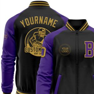 OEM Custom Manufacturing Whole Black Old Gold-<b>Purple</b> Bomber <b>Varsity</b> Letterman Two Tone Zipper <b>Jacket</b> - Product Image 6