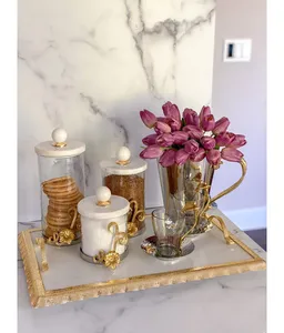 Boîte à thé arrondie de qualité en laiton fleur dorée de luxe bocaux de stockage ménagers en plastique pour thé et café pour la maison et la cuisine - Product Image 5