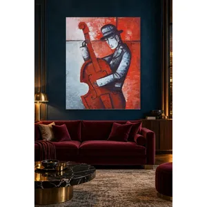 Fida Man in Hat Playing Double Bass on Red Background <b>Canvas</b> Print - Product Image 2