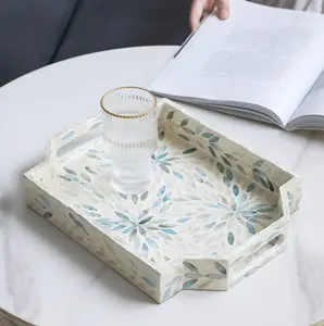 Plateau de service à incrustation de nacre au Design Unique avec poignées plateau décoratif Capiz en mosaïque pour cadeau Eid Ramadan - Product Image 4