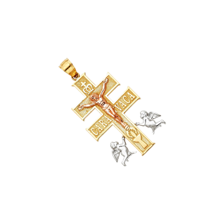 14K Tri Couleur Plaqué Or Religieux Catholique Caravaca Crucifix Croix Charme Pendentif avec Ange - Product Image 3