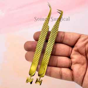 Pinces à épiler de haute qualité à pointe en fibre pour cils, en acier inoxydable et multi-pièces, stockage, greffage de cils, pinces à épiler dorées - Product Image 1