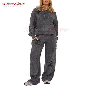 ชุดวอร์มสีสดใสสำหรับผู้หญิงทันสมัยพร้อมกางเกงหูรูดเสื้อมีฮู้ดไซส์ใหญ่พิเศษเสื้อวอร์มสำหรับผู้หญิงสไตล์วินเทจผ้าซักกรด - Product Image 5